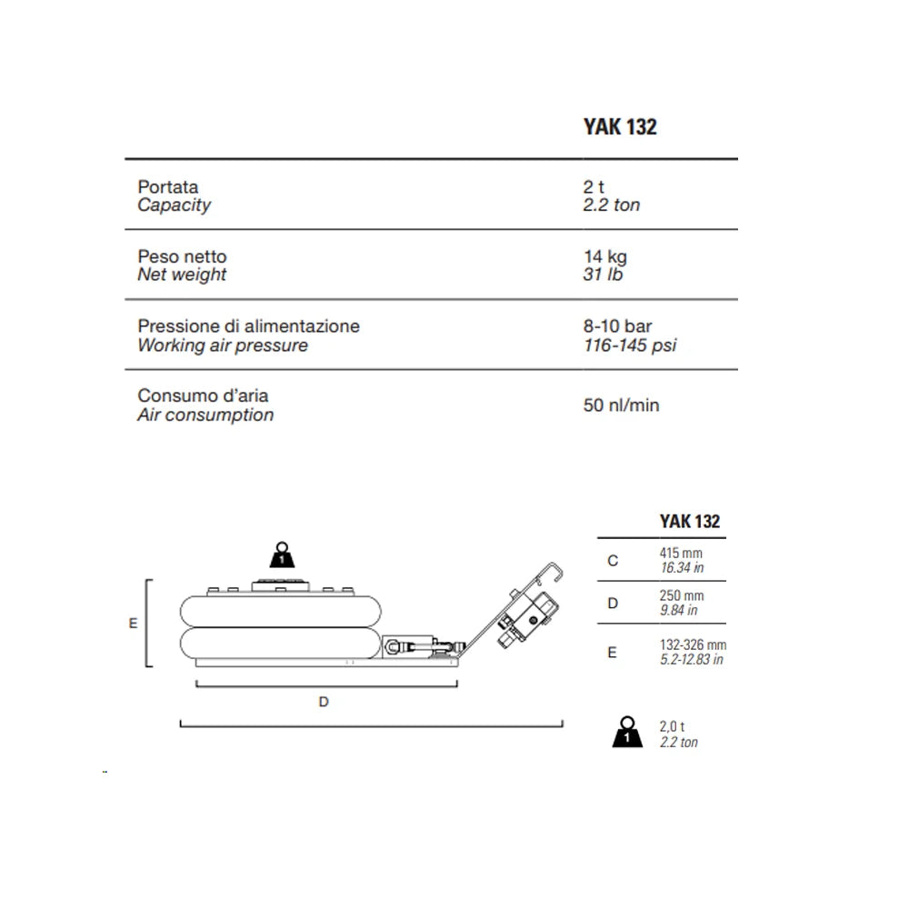 Pneumatic Air Bag Jack for Light Vehicle Workshops - 2 Ton - YAK 132